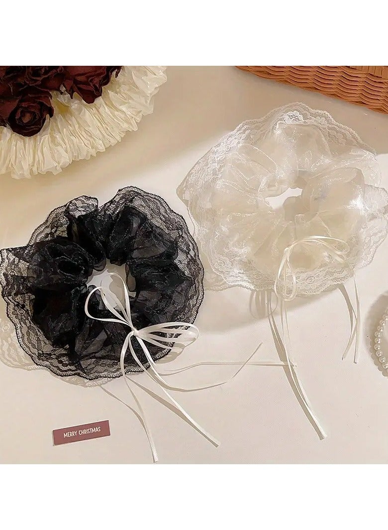 Goolsky 2pcs Large Size Mesh Gauze Breathable Simplicity Ladies' Bowknot Hair Circle Meatball Head High Elasticity Sweet Hair Rope Hair Accessories - Image 1