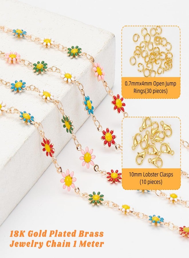 NICENEEDED Colorful Daisy Flower Chain Bulk, 18K Gold Plated Brass Chains Spool with Jump Rings and Lobster Clasps, Enamel Floral Chain Roll for Necklace Bracelet Jewelry Making - Image 2