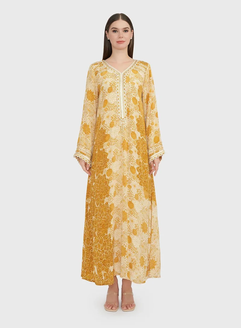 KASHKHA Beige Yellow Floral Print Jalabiya with Crotia Lace (VG2725)