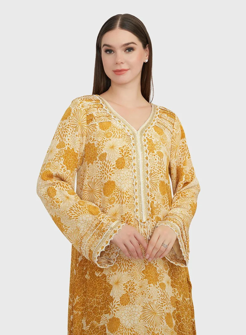 KASHKHA Beige Yellow Floral Print Jalabiya with Crotia Lace (VG2725)