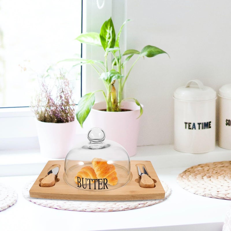 Wooden Butter Dish with Lid and Dual Knives Rustic Refrigerator Storage Serving Tray - Image 4