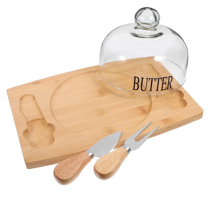 Wooden Butter Dish with Lid and Dual Knives Rustic Refrigerator Storage Serving Tray - Image 2