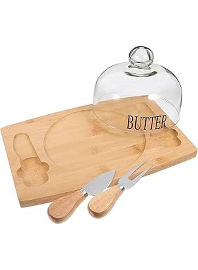 Wooden Butter Dish with Lid and Dual Knives Rustic Refrigerator Storage Serving Tray - Image 1