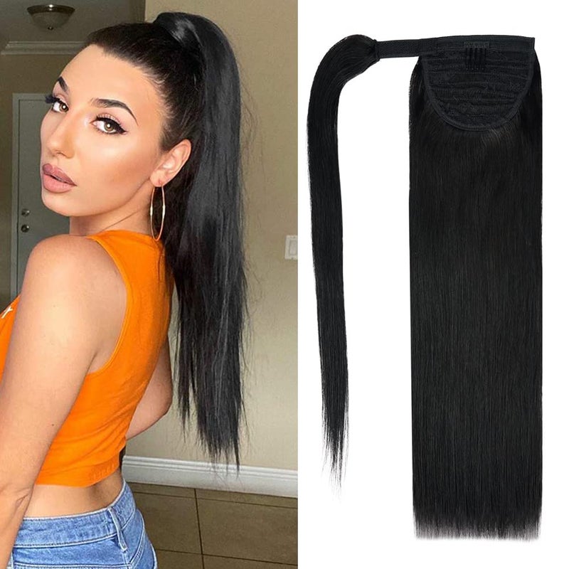 16 Human Hair Ponytail Extension 75g 1 Jet Black 100 Remy Human Hair Wrap Around Long Ponytail Clip in Hair Extensions Straight One Piece Hairpiece 16 Jet Black