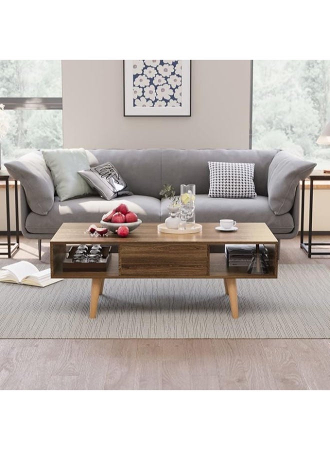 طاولة قهوة آن فيش - طاولة مع تخزين ودرج مزدوج الطبقات، تركيب بسيط لغرف المعيشة (120 × 60 × 45.5 سم) - Image 1