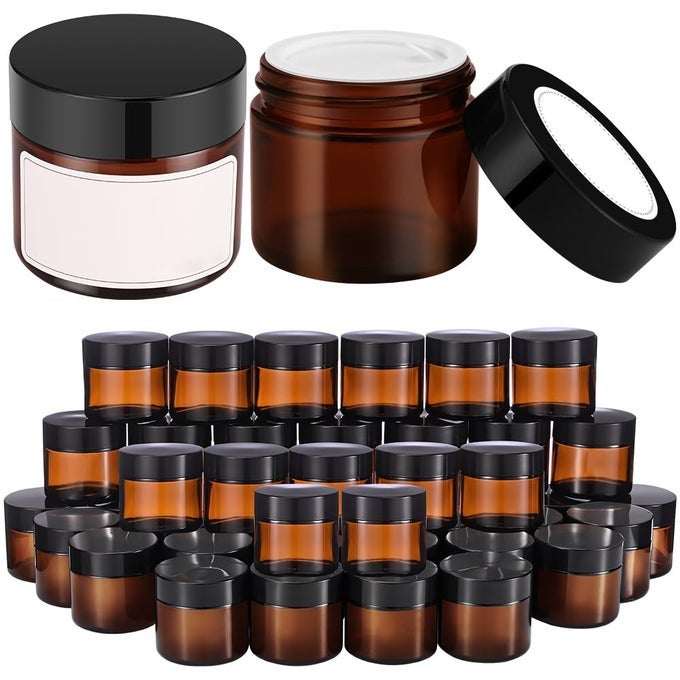 2 OZ SMALL GLASS JARS WITH LIDS 48 PACK ROUND AMBER GLASS CANDLE JARS WITH BLACK LIDS WHITE LABELS INNER LINERS EMPTY COSMETIC CONTAINERS FOR CREAM LOTION SLIME