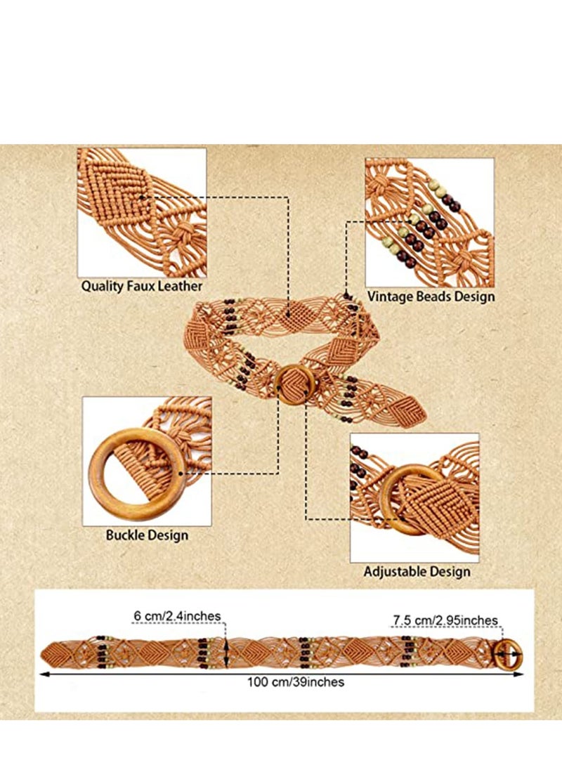 SYOSI - Bohemian Rope Belt Boho Straw Hippie Braid Waist Retro Woven for Dresses Skirts Women Brown 2 Pieces - Image 1