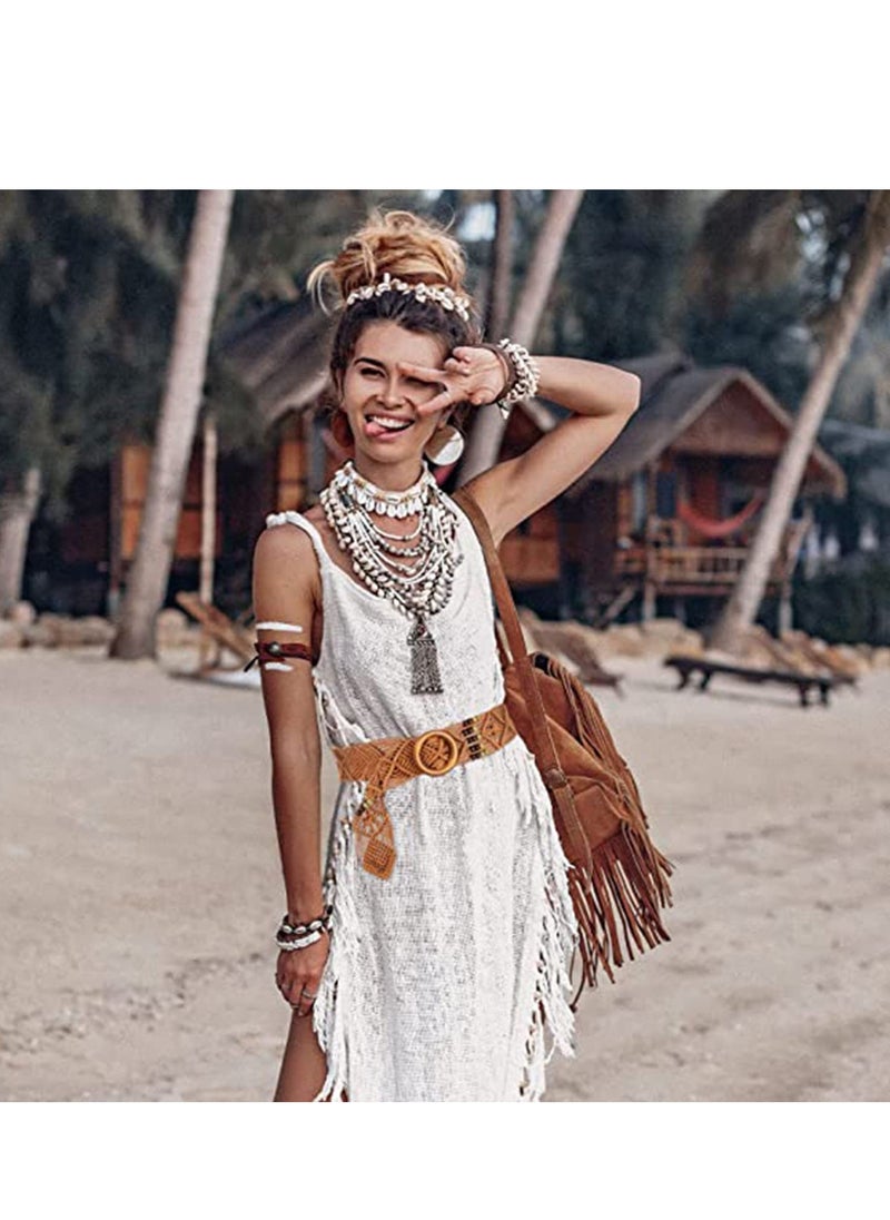 SYOSI - Bohemian Rope Belt Boho Straw Hippie Braid Waist Retro Woven for Dresses Skirts Women Brown 2 Pieces - Image 1