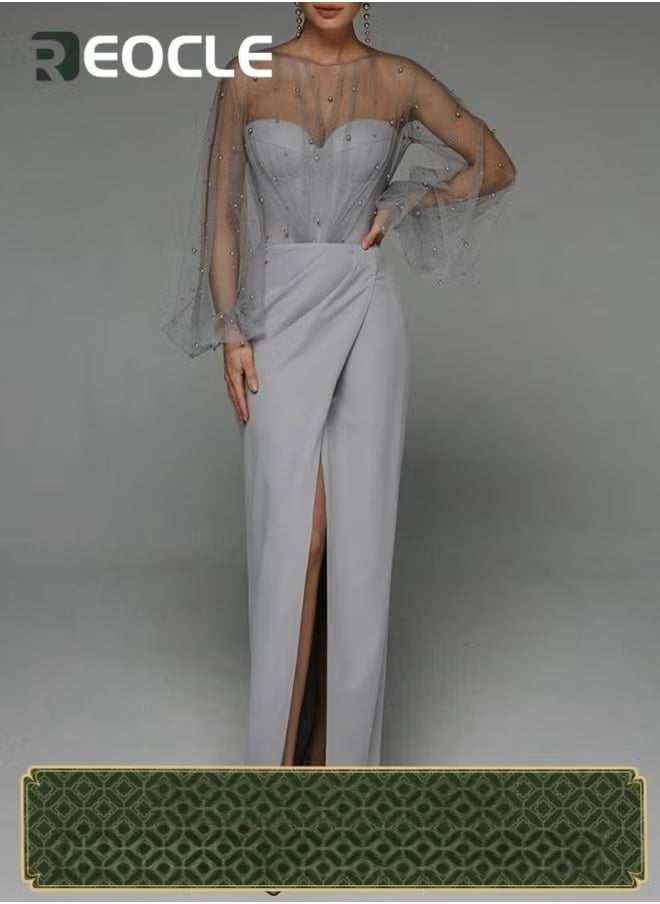 REOCLE Women's Bodycon Dress Sheer Mesh Pearl Long Sleeve Rhinestone Dress Midi Tube Party Dress Cocktail Dresses Wedding Guest Dress - Image 1