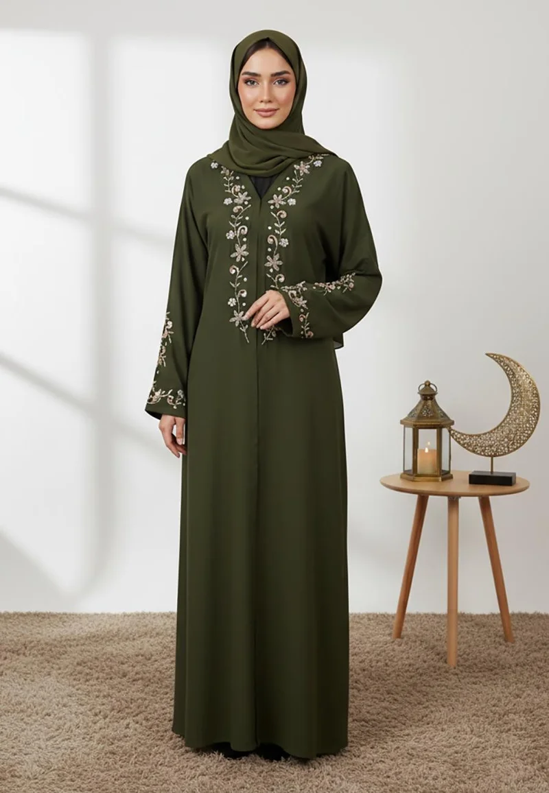 Exquisite Green beadwork Abaya-Nida Fabric-835