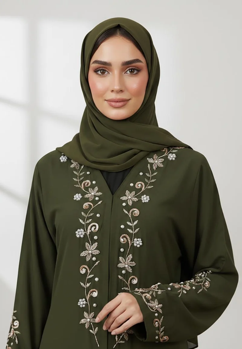النخبة Exquisite Green beadwork Abaya-Nida Fabric-835