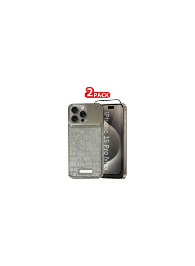 iPhone 15 Pro Max 2 Pack Case Leather Metal Design, Slim Lightweight Minimalist Cover,1 Case 1 Screen Protector