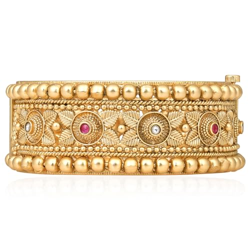 Peora Ethnic Gold Plated Synthetic Stone Studded Thick Single Piece Openable Kada Bangle Traditional Jewellery for Women (Size - 2.8 inch) - Image 4