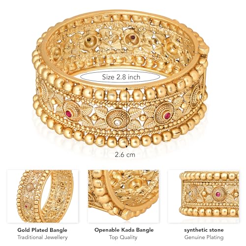 Peora Ethnic Gold Plated Synthetic Stone Studded Thick Single Piece Openable Kada Bangle Traditional Jewellery for Women (Size - 2.8 inch) - Image 5