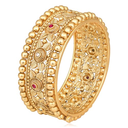 Peora Ethnic Gold Plated Synthetic Stone Studded Thick Single Piece Openable Kada Bangle Traditional Jewellery for Women (Size - 2.8 inch) - Image 1
