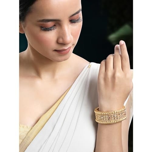 Peora Ethnic Gold Plated Synthetic Stone Studded Thick Single Piece Openable Kada Bangle Traditional Jewellery for Women (Size - 2.8 inch) - Image 3