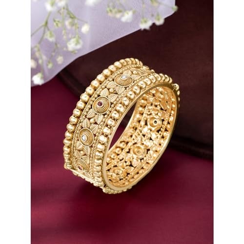 Peora Ethnic Gold Plated Synthetic Stone Studded Thick Single Piece Openable Kada Bangle Traditional Jewellery for Women (Size - 2.8 inch) - Image 2