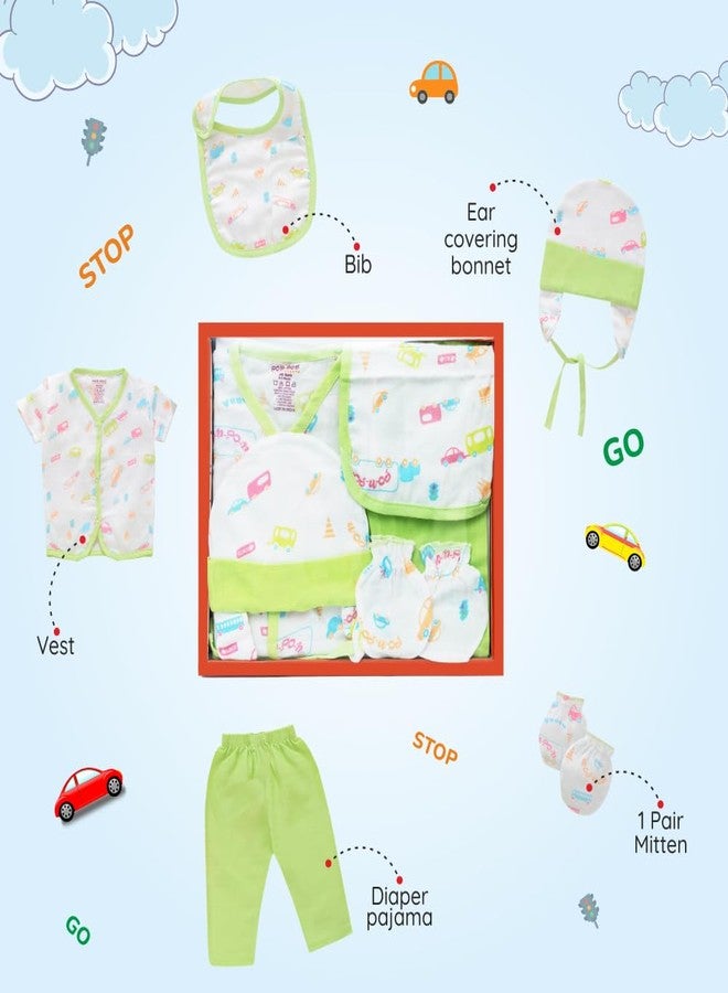 BUMSIES Newborn Baby Clothing Gift Set –Soft 100% Muslin Cotton Essentials for Boys & Girls | Gift Box Pack of 5 - Half Sleeves Shirt, Pajama/Pant, 1Bib, 1Pair Mittens & 1Cap | Light Green (New Born) - Image 2