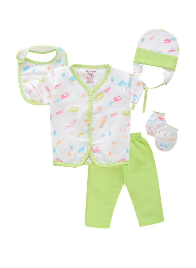 BUMSIES Newborn Baby Clothing Gift Set –Soft 100% Muslin Cotton Essentials for Boys & Girls | Gift Box Pack of 5 - Half Sleeves Shirt, Pajama/Pant, 1Bib, 1Pair Mittens & 1Cap | Light Green (New Born) - Image 3