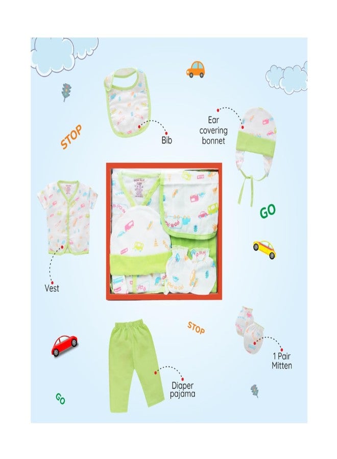 BUMSIES Newborn Baby Clothing Gift Set –Soft 100% Muslin Cotton Essentials for Boys & Girls | Gift Box Pack of 5 - Half Sleeves Shirt, Pajama/Pant, 1Bib, 1Pair Mittens & 1Cap | Light Green (New Born) - Image 1