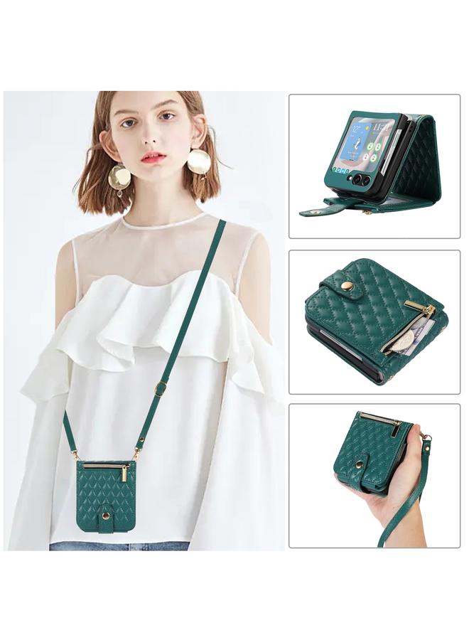اس-توب جراب هاتف Samsung Galaxy Z Flip5 Crossbody Diamond Lattis مصنوع من الجلد القابل للطي - Image 1
