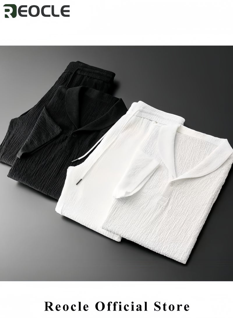 ريوكل قميص وبنطلون رجالي كلاسيكي صيفي، قمصان رجالية كاجوال للعمل، مجموعة ملابس بسيطة مكونة من بلوزة بأكمام قصيرة وبنطلون - Image 4