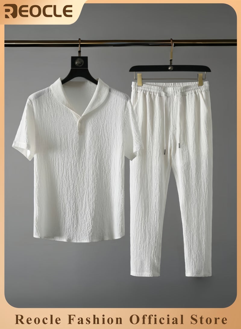 ريوكل قميص وبنطلون رجالي كلاسيكي صيفي، قمصان رجالية كاجوال للعمل، مجموعة ملابس بسيطة مكونة من بلوزة بأكمام قصيرة وبنطلون - Image 1