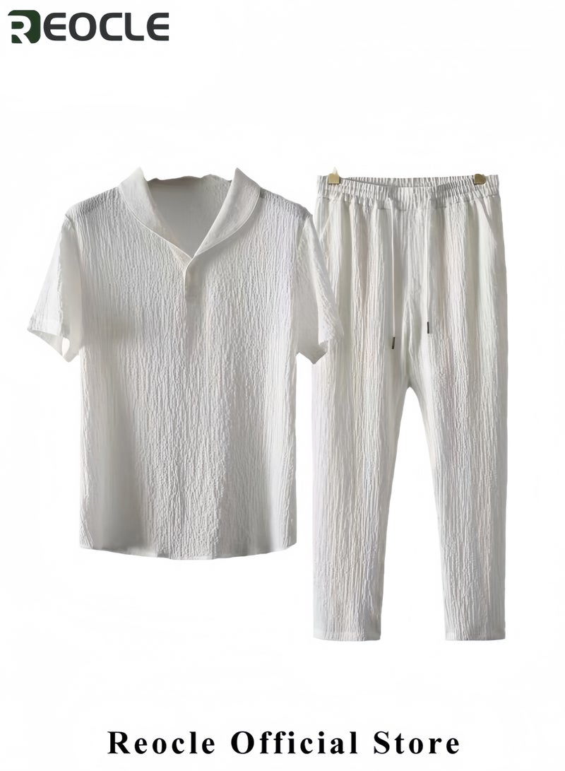 ريوكل قميص وبنطلون رجالي كلاسيكي صيفي، قمصان رجالية كاجوال للعمل، مجموعة ملابس بسيطة مكونة من بلوزة بأكمام قصيرة وبنطلون - Image 2