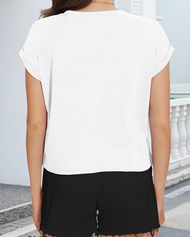 CHICGAL Summer Short Sleeve Crop Tops Womens Crewneck Roll Cap Sleeve T Shirts Loose Fit Basic Tees(White,M) - Image 5