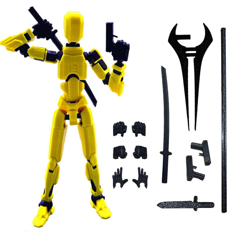 QAONIE 3D Printed 5.54-inch Multi-Jointed Action Figures Dummy13, Full Body Mechanical Movable Toy, Multiple Accessories, Hand Painted Figure, Desk Decoration, Creative Gifts (Bright Yellow) - Image 1
