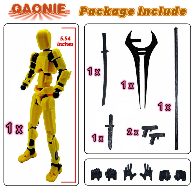 QAONIE 3D Printed 5.54-inch Multi-Jointed Action Figures Dummy13, Full Body Mechanical Movable Toy, Multiple Accessories, Hand Painted Figure, Desk Decoration, Creative Gifts (Bright Yellow) - Image 2