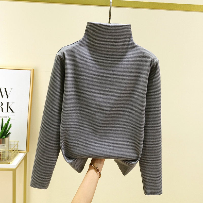 Autumn and winter New de Velvet turtleneck undershirt womens striped long-sleeved T-shirt loose plus size fleece-lined thickened top Gray thin strip - Image 1