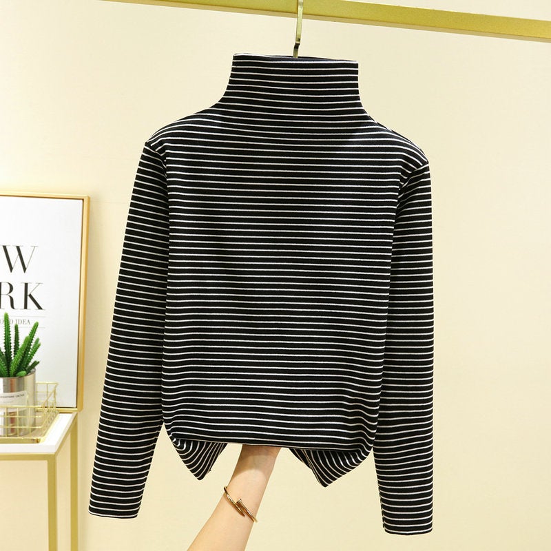 Autumn and winter New de Velvet turtleneck undershirt womens striped long-sleeved T-shirt loose plus size fleece-lined thickened top Gray thin strip - Image 3