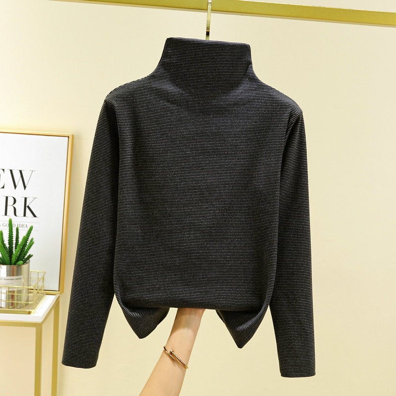 Autumn and winter New de Velvet turtleneck undershirt womens striped long-sleeved T-shirt loose plus size fleece-lined thickened top Gray thin strip - Image 2