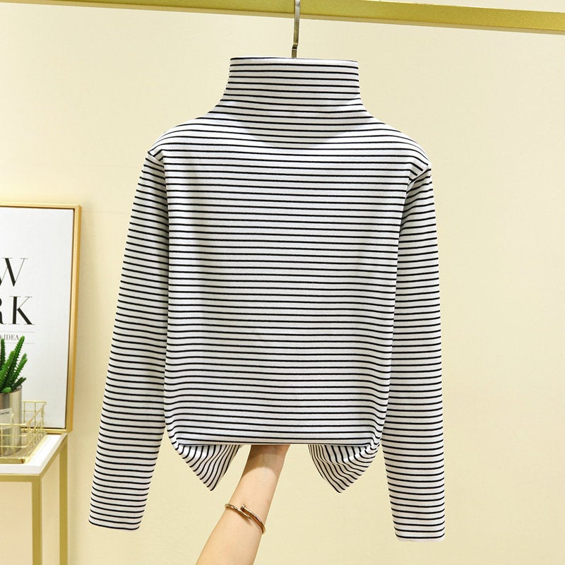 Autumn and winter New de Velvet turtleneck undershirt womens striped long-sleeved T-shirt loose plus size fleece-lined thickened top Gray thin strip - Image 4