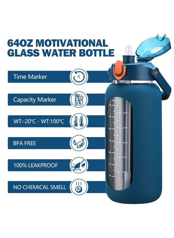 kytffu 64oz Glass Water Bottles with Straw, Half Gallon Motivational Glass Bottle with Silicone Sleeve and Time Marker, 2L Leakproof Large Glass Water Jug for Gym Home Office,Blue - Image 2