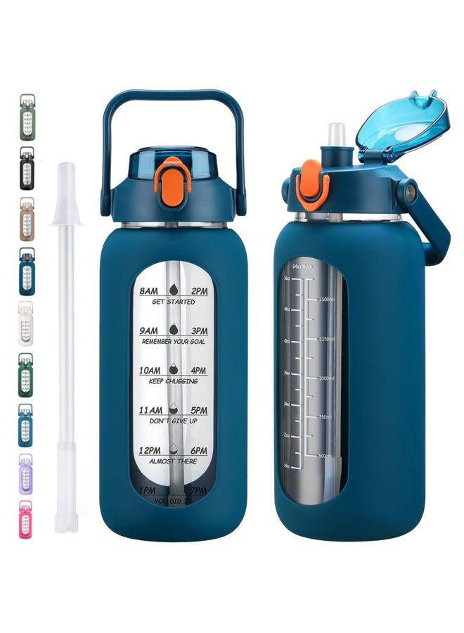 kytffu 64oz Glass Water Bottles with Straw, Half Gallon Motivational Glass Bottle with Silicone Sleeve and Time Marker, 2L Leakproof Large Glass Water Jug for Gym Home Office,Blue - Image 1