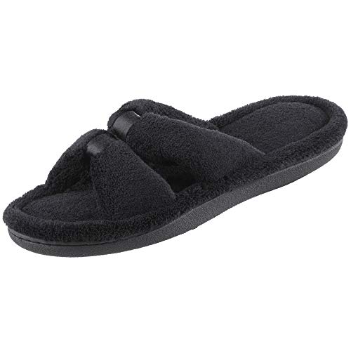 isotoner Women’s Indoor/Outdoor Slip-on Microterry X-Slide Slippers with Satin and Memory Foam Comfort , Black, 9.5-10 - Image 1
