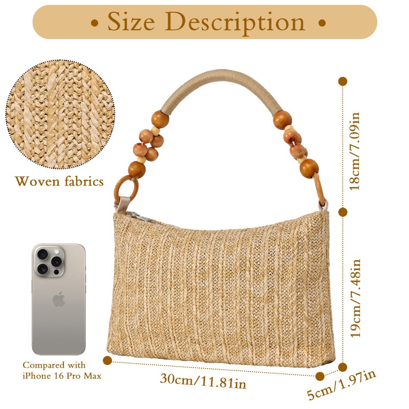 wocharm Straw Beach Bag for Women Shoulder Bag Straw Purse, Women Summer Handbag(Beige) - Image 3