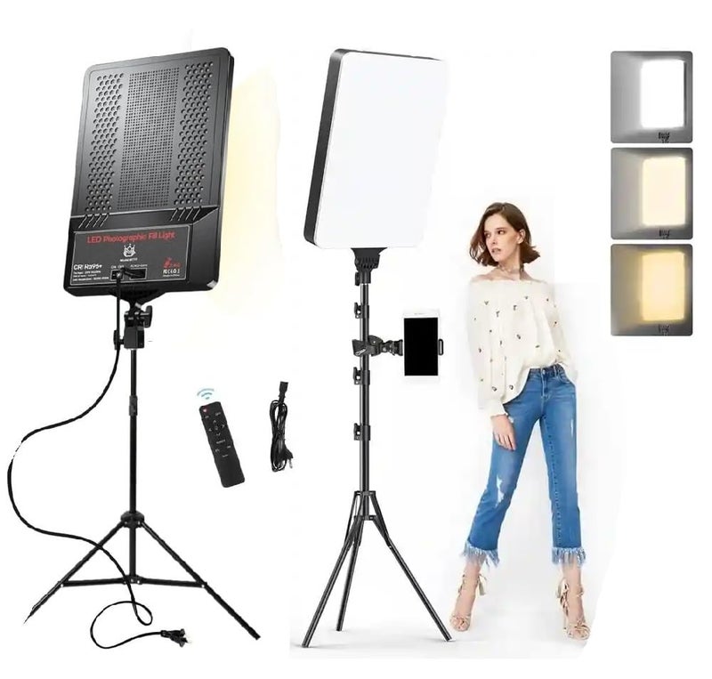 FKU 19inch LED Video Light Panel 2700K-6500K Photo Studio Lamp,Super Clamp + E Brecket Remote and 7FEET Tripod Stand Flash [19 Inch Light + 7 Feet Stand Flash (19 INCH + 7 FEET) - Image 1