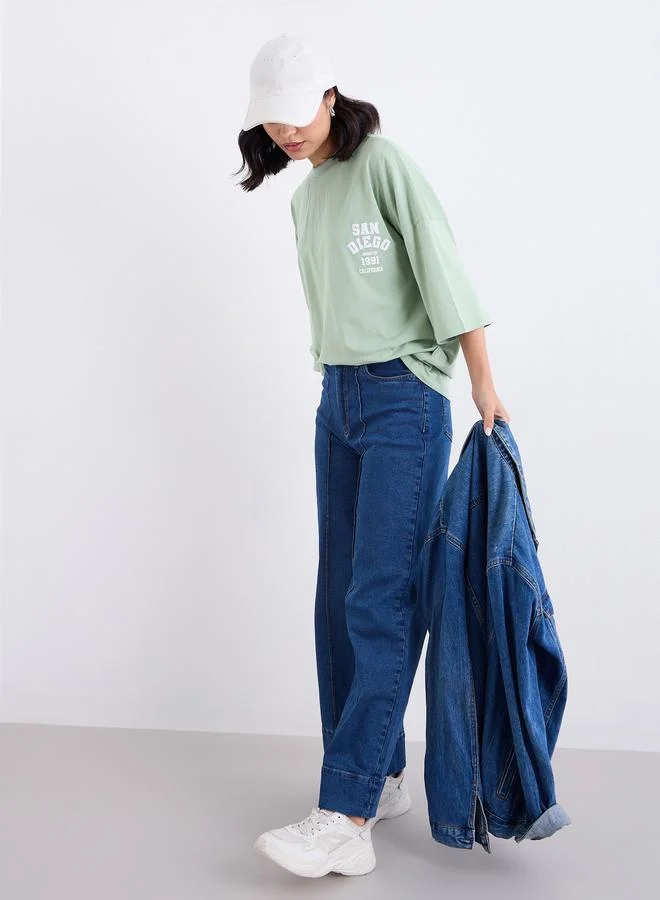 Styli Styli Green Oversized Back Graphic Print T-Shirt