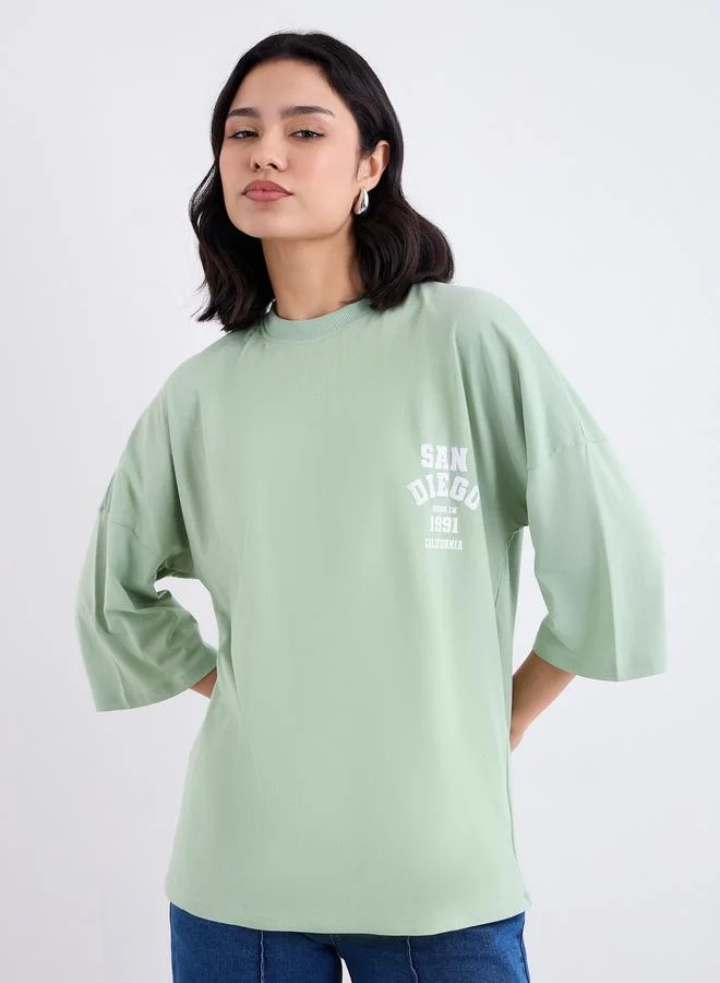 Styli Green Oversized Back Graphic Print T-Shirt