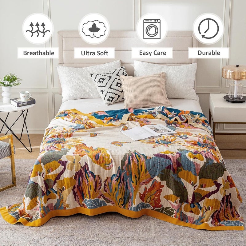 LUTBM Boho Throw Blanket for Bed - 100% Cotton Ultra Soft Rustic Quilt - Floral Printed Farmhouse Decor Bed Summer Blankets,80"×90" All Season Rustic Throw for Sofa Couch Chair - Image 2