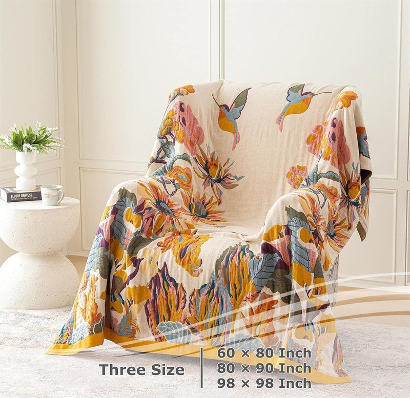 LUTBM Boho Throw Blanket for Bed - 100% Cotton Ultra Soft Rustic Quilt - Floral Printed Farmhouse Decor Bed Summer Blankets,80"×90" All Season Rustic Throw for Sofa Couch Chair - Image 5