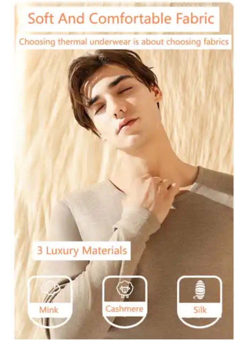 Remy Belle - Thermal Underwear Set for Men Fleece Lined Base Layer Set for Cold Weather Beige Large - Image 1