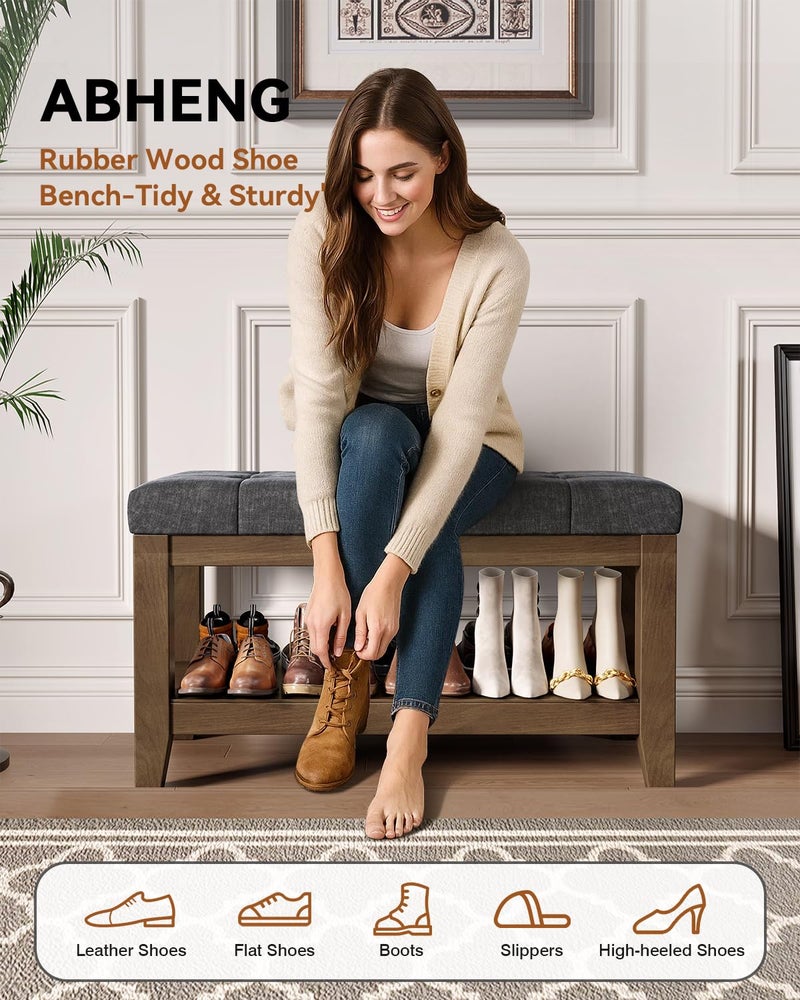 ABHENG Solid Rubber Wood Shoe Bench, Soft Chenille Material Upholstered Seat, 770LB Load Capacity, Multi-Storage for Entryway/Bedroom/Living Room, Vintage Style, 31.5"x15.7"x17.7", Dark Gray,UASND66G - Image 2