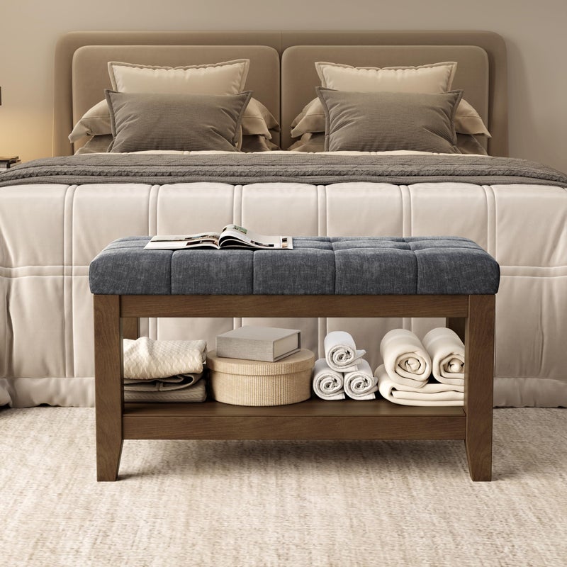 ABHENG Solid Rubber Wood Shoe Bench, Soft Chenille Material Upholstered Seat, 770LB Load Capacity, Multi-Storage for Entryway/Bedroom/Living Room, Vintage Style, 31.5"x15.7"x17.7", Dark Gray,UASND66G - Image 1