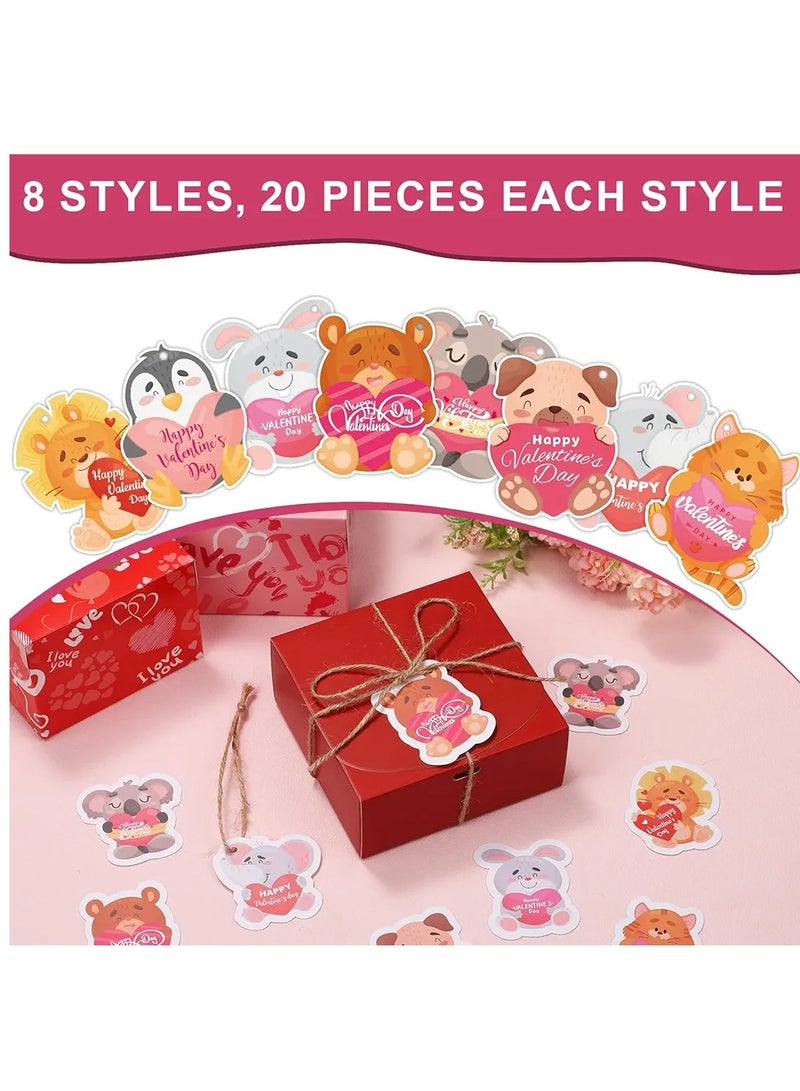 160pcs Valentine's Day Gift Tags, 8 Styles Cute Animal Gift Tags Labels Double Sided Valentines Tags Hanging Paper Ornaments for Kids Party Favors Gift Wrapping, with 95ft Rope - Image 3