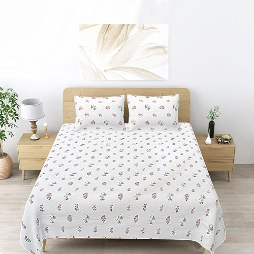 Plumora Jaipur Weaves Cotton King Size Bedsheet 108x108 Super King, 100% Pure Cotton Bed Sheet with 2 Pillow Covers, 240 TC Soft Breathable Floral Design Bedding - (Rose Blocks) - Image 1