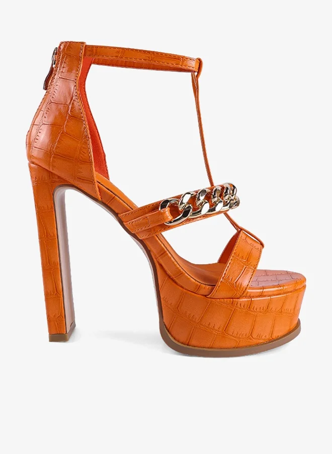 Tangerine Metal Chain Zip Up Sandal in Orange
